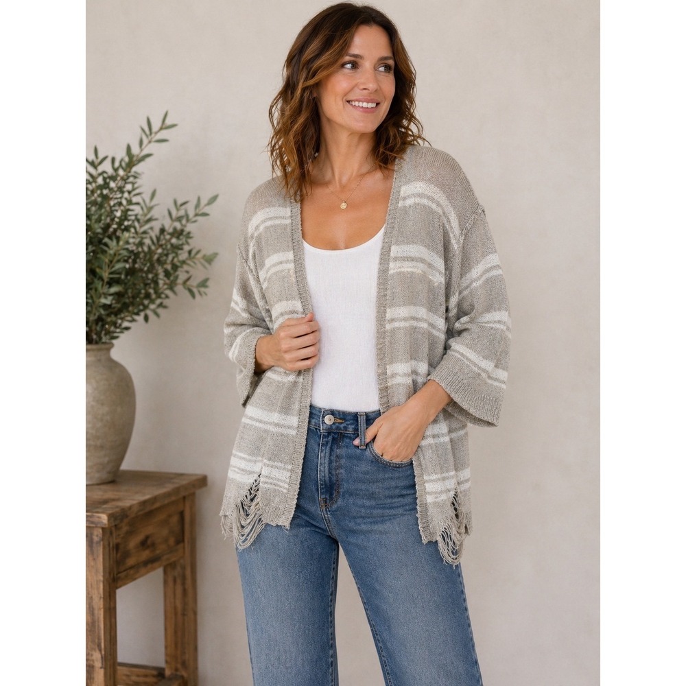 POL Sweater Women's Small Gray White Striped Knit Cardigan Frayed Open Front‎